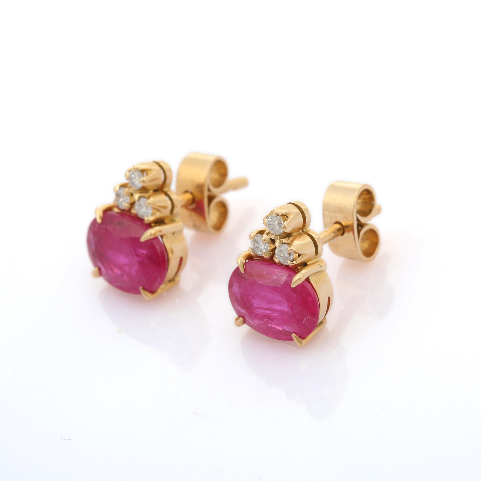 Studs create a subtle beauty while showcasing the colors of the natural precious gemstones and illuminating diamonds making a statement.
Ruby with diamonds stud earrings in 18K gold. Embrace your look with these stunning pair of earrings suitable