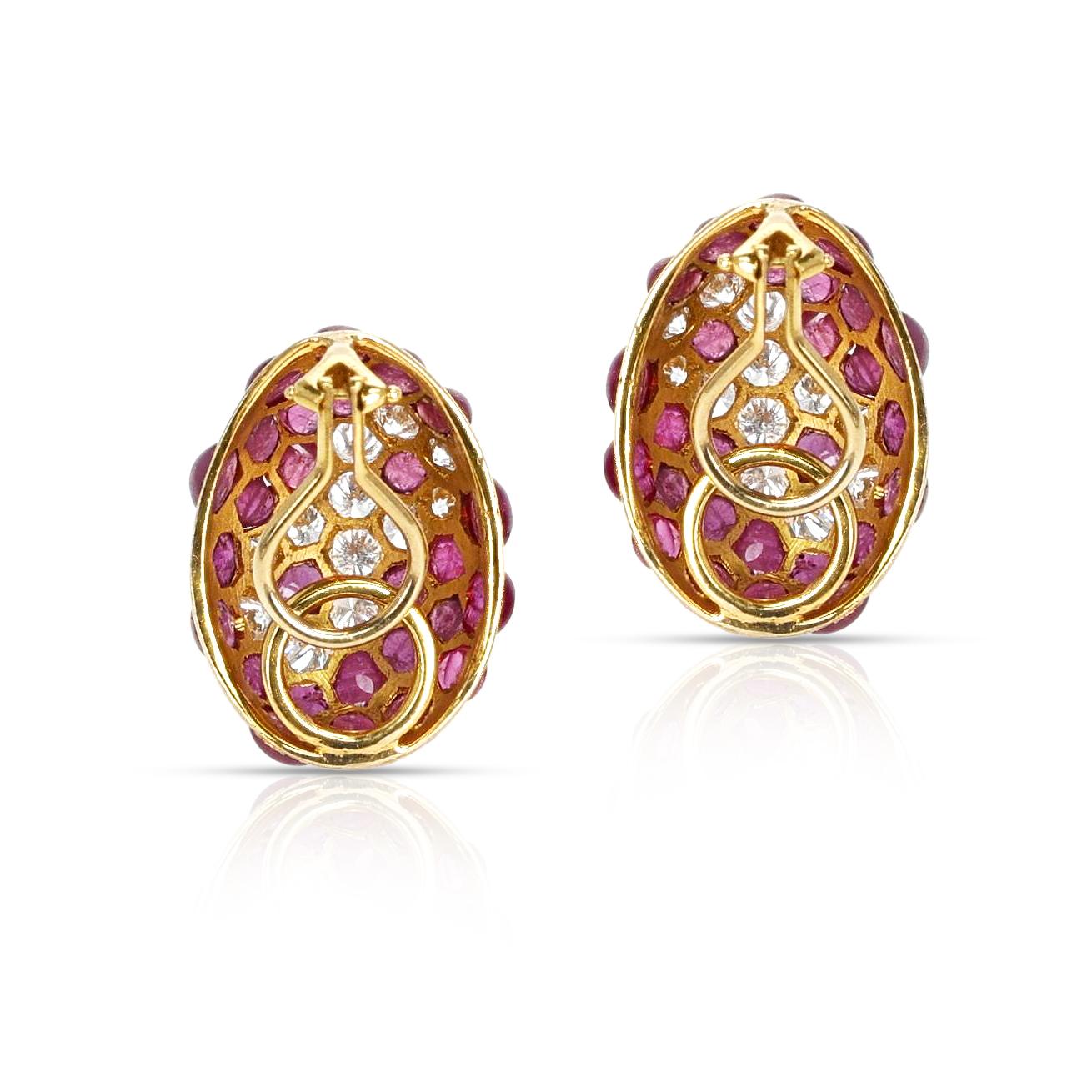 17 Ct. Ruby Cabochon and 4 Ct. Round Diamond Cluster Earrings, 18K In Excellent Condition For Sale In New York, NY
