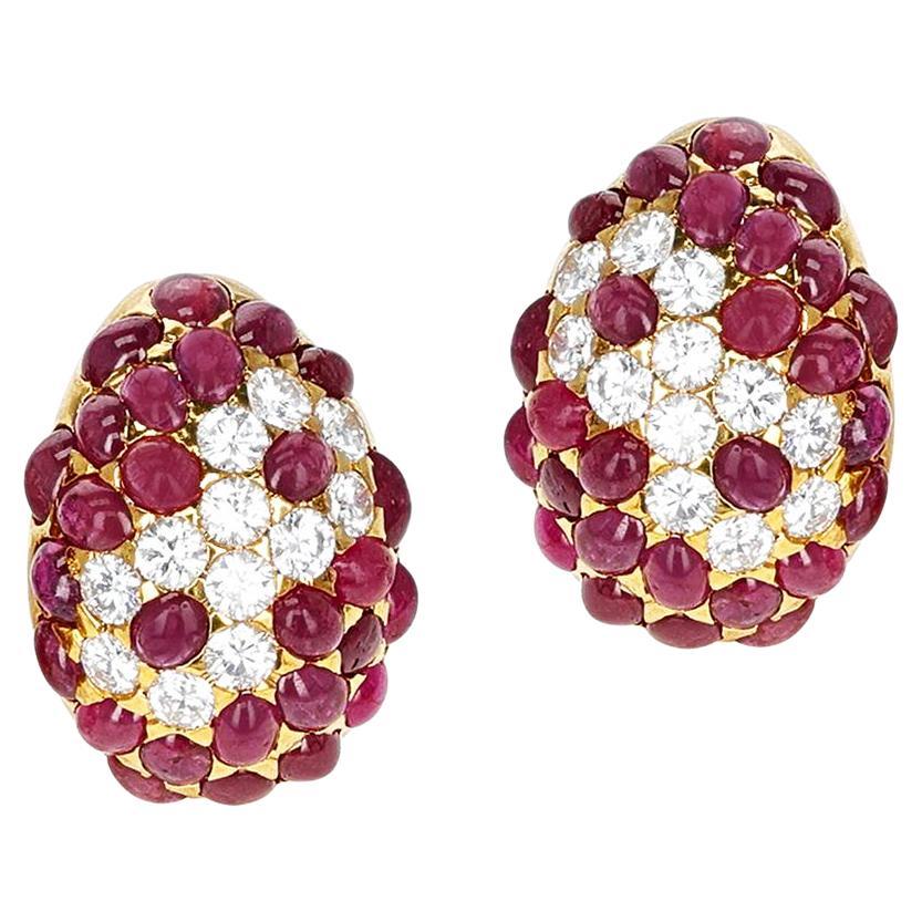 17 Ct. Ruby Cabochon and 4 Ct. Round Diamond Cluster Earrings, 18K For Sale