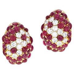 17 Ct. Ruby Cabochon and 4 Ct. Round Diamond Cluster Earrings, 18K