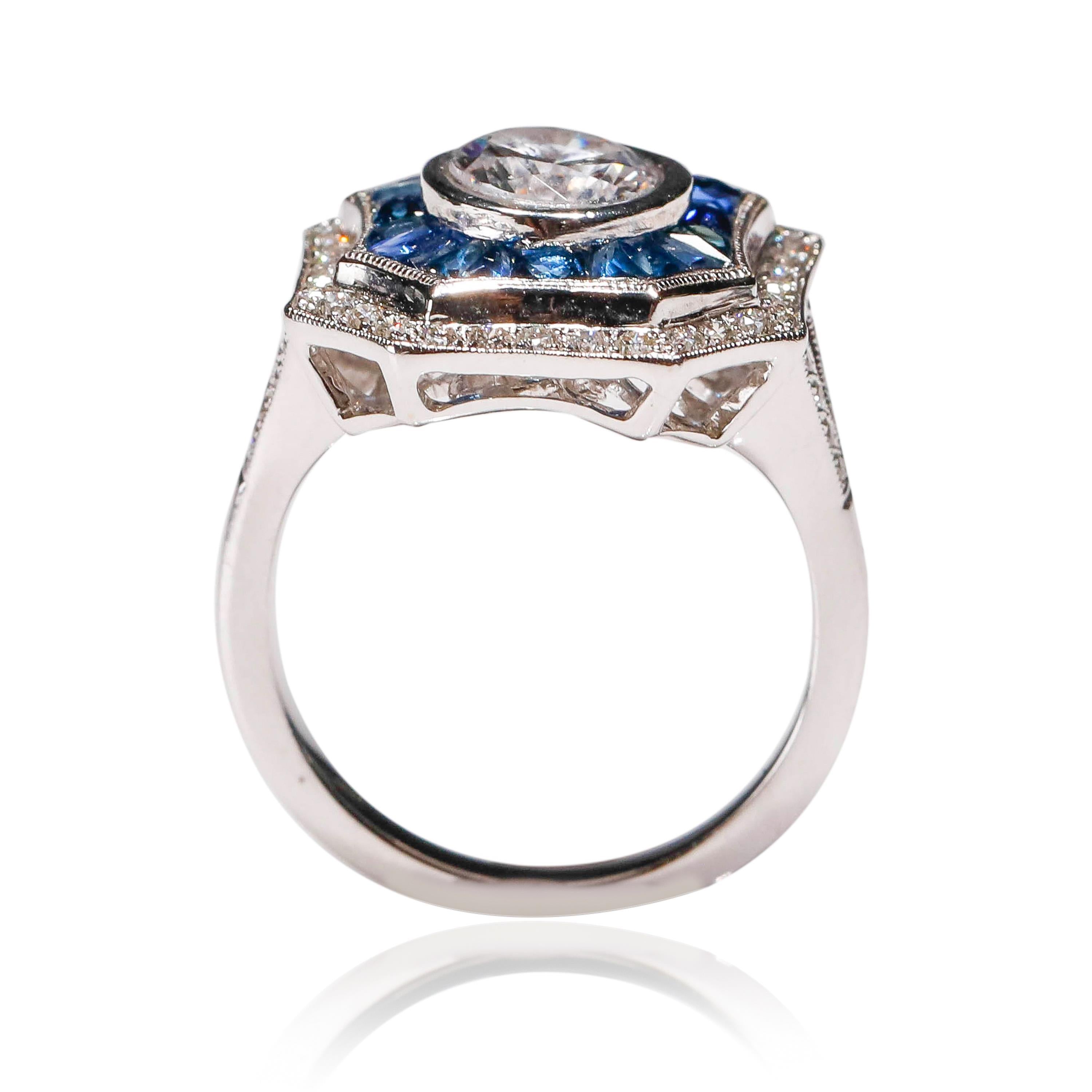 Art Deco Inspired New 1.7 carat Blue Sapphire 0.42 Carat Diamond 18 Karat White Gold Ring

Crafted in 18kt White Gold, this Unique design showcases a Blue Sapphire 1.7 TCW, set in a halo of round-cut mesmerizing diamonds, Polished to a brilliant