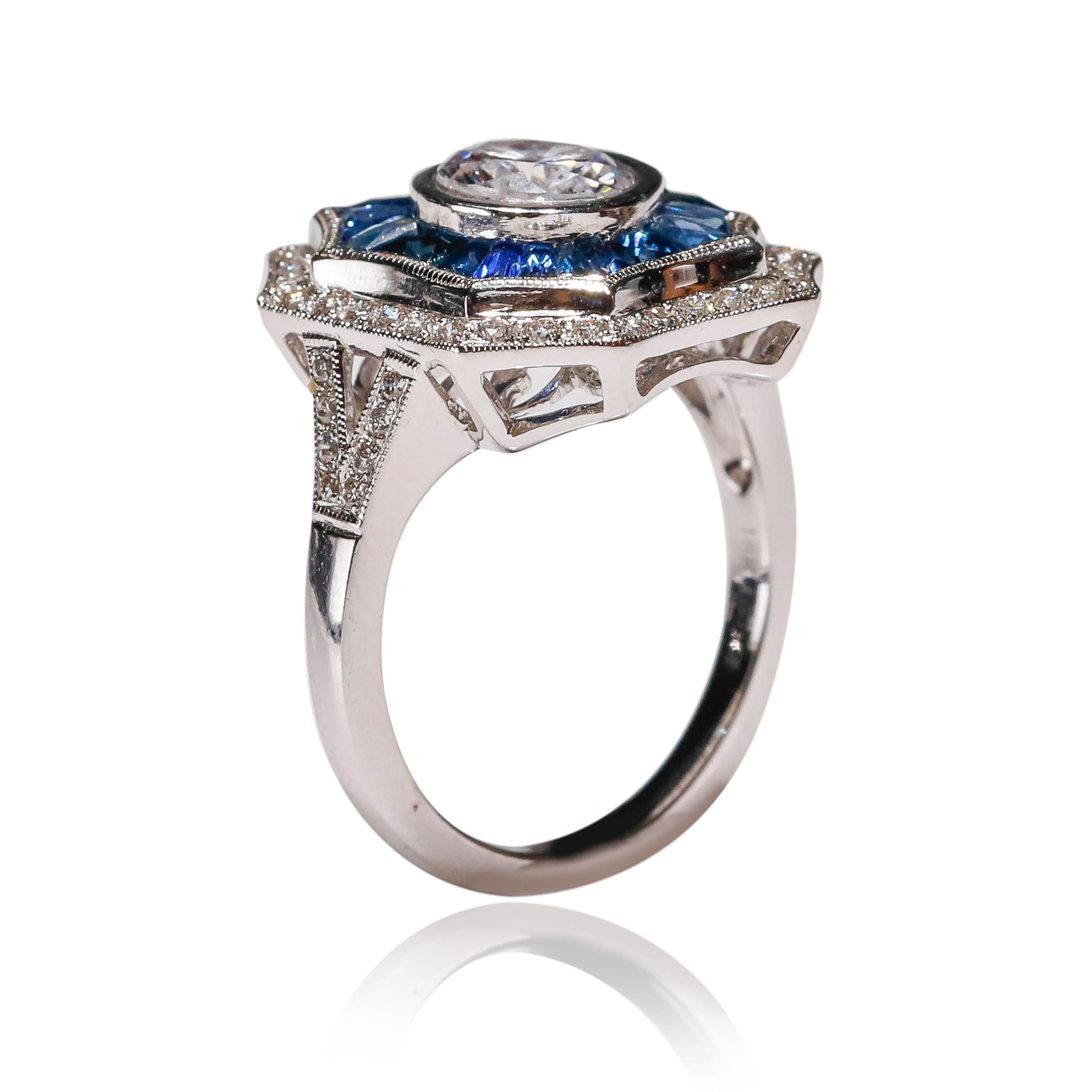 Round Cut Art Deco Inspired New Blue Sapphire 0.42 Carat Diamond 18 Karat White Gold Ring