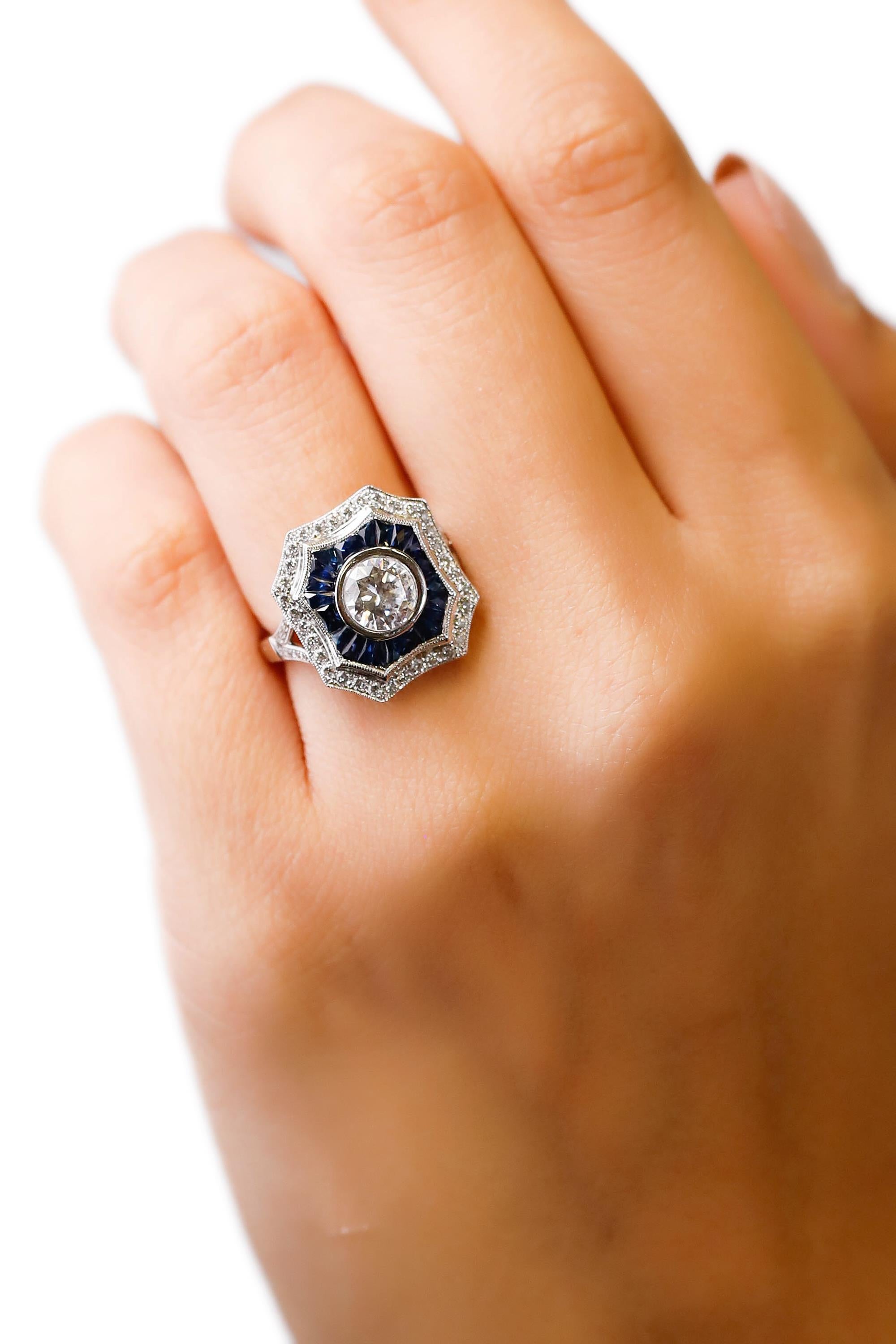 Women's Art Deco Inspired New Blue Sapphire 0.42 Carat Diamond 18 Karat White Gold Ring
