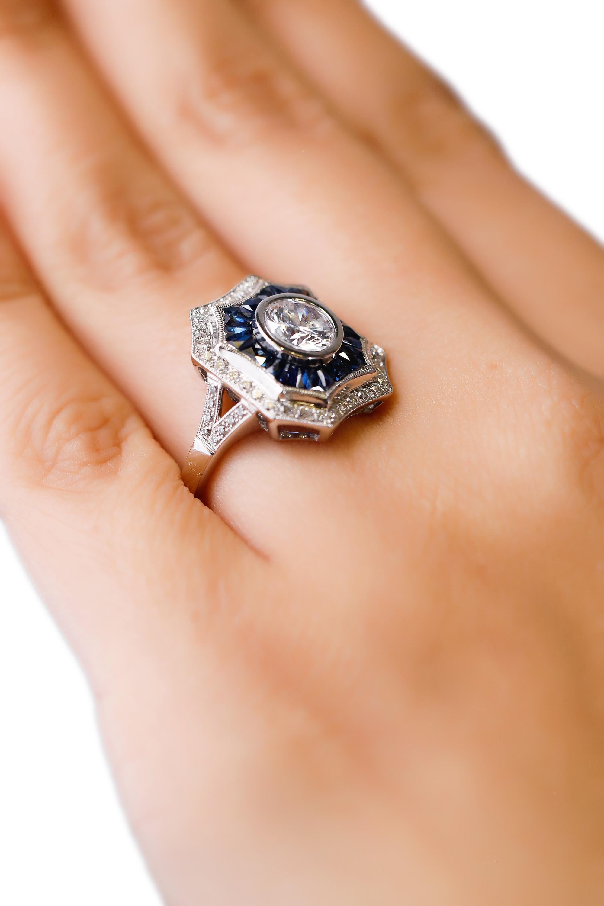 Art Deco Inspired New Blue Sapphire 0.42 Carat Diamond 18 Karat White Gold Ring 2