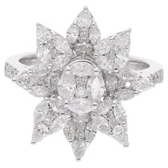 Bague à fleurs en or blanc 14 carats avec diamants ronds en forme de poire marquise 1,7 carat SI/HI