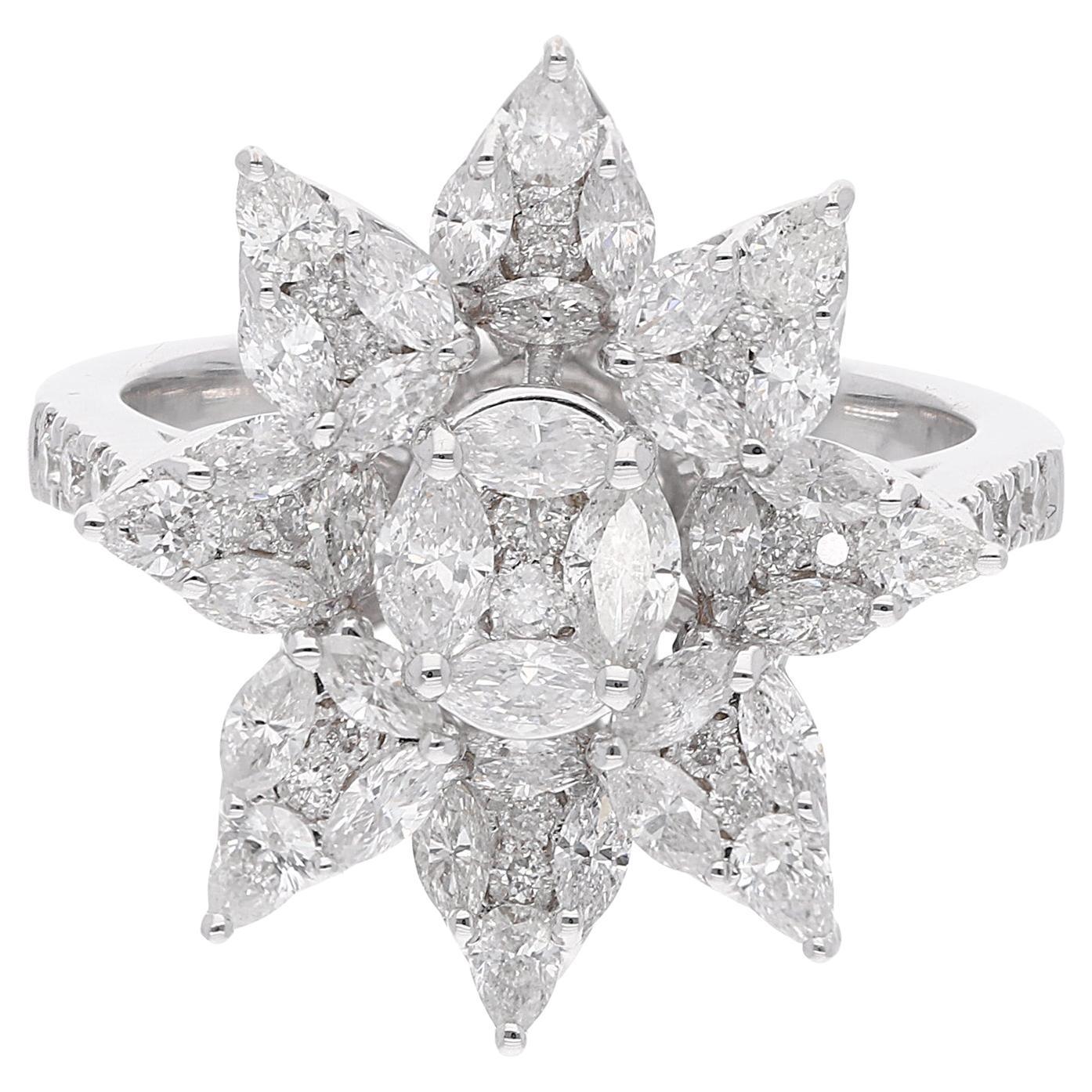 1.7 Karat SI/HI Marquise Birnenförmiger runder Diamant-Blumenring aus 18 Karat Weißgold Schmuck im Angebot