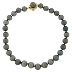 Retro GIA Tahitian Gray Pearl Strand Necklace with 18k Gold Diamond Clasp