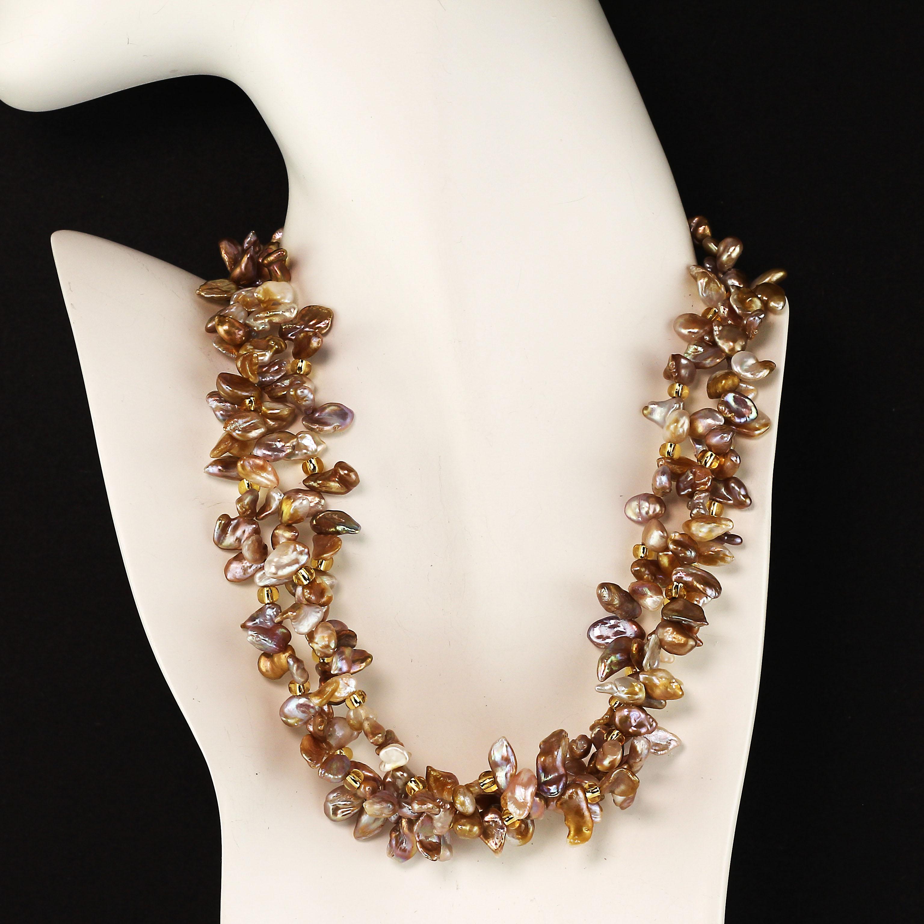 AJD Three-Strand, Freeform Goldy-Gray Pearl Necklace  June Birthstone In New Condition In Raleigh, NC