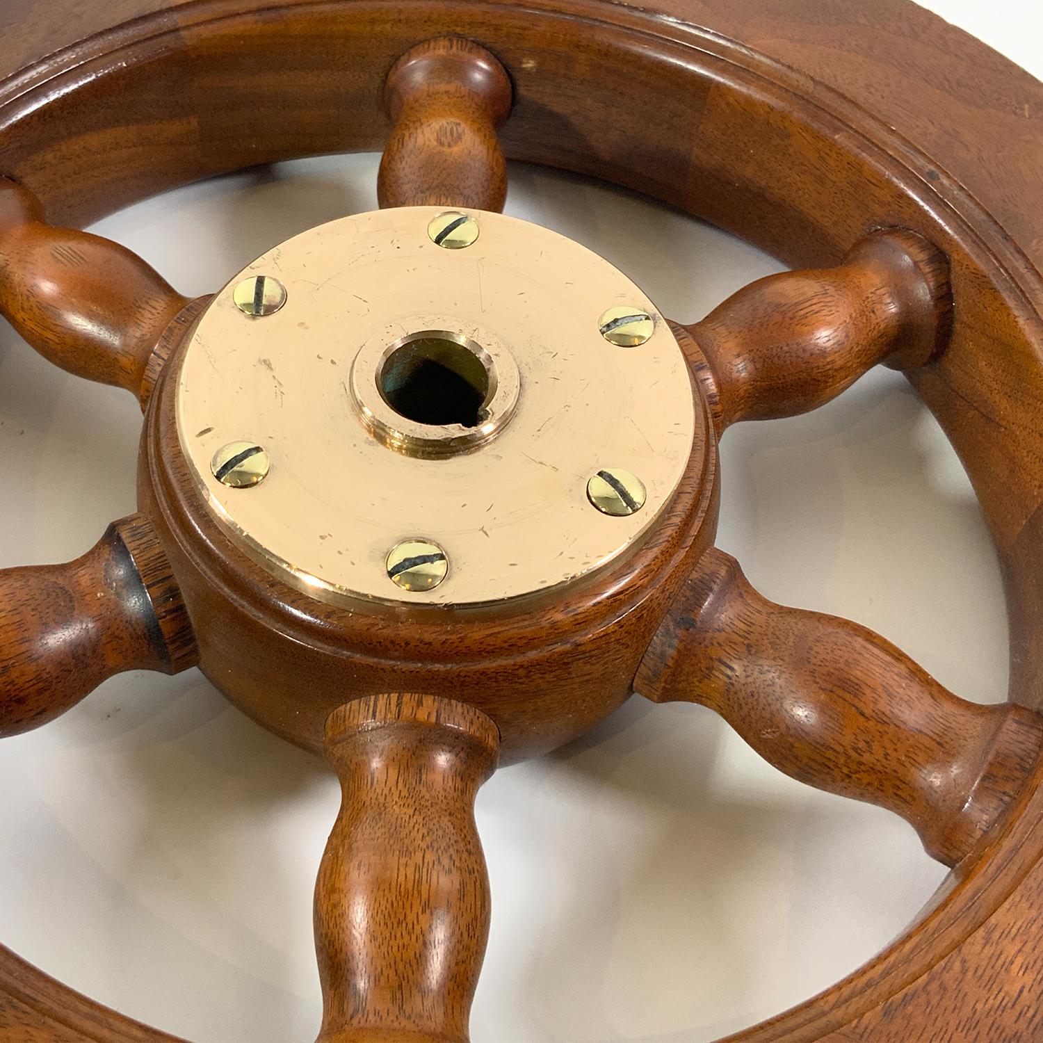 Varnished Six Spoke Yacht Wheel In Good Condition For Sale In Norwell, MA