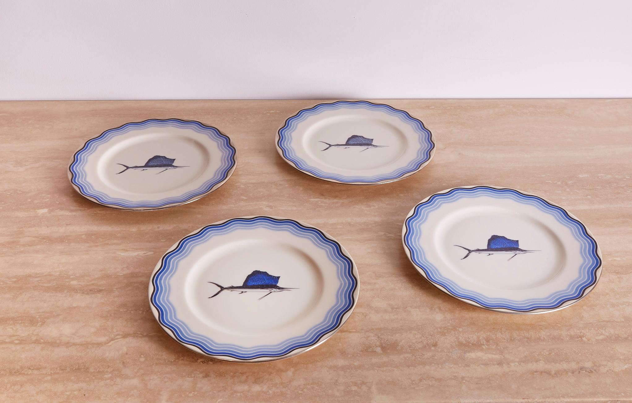 Art Deco 17 Lenox Blue Sailfish Dinner Plates w/ Silver Waves Black Starr & Frost/Gorham