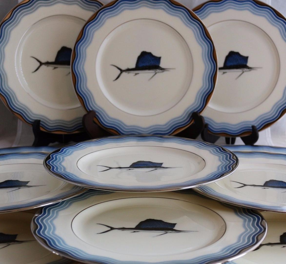 17 Lenox Blue Sailfish Dinner Plates w/ Silver Waves Black Starr & Frost/Gorham 1