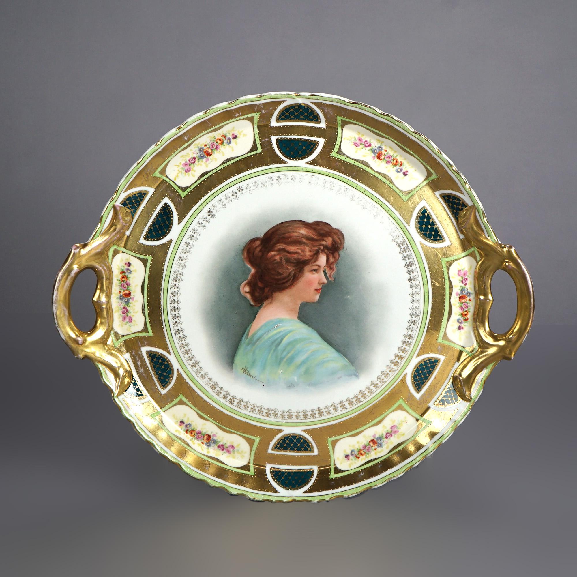 17 Pc Antique Victoria Austrian Gilt Porcelain Dishes, Portraits of Women, C1890 7