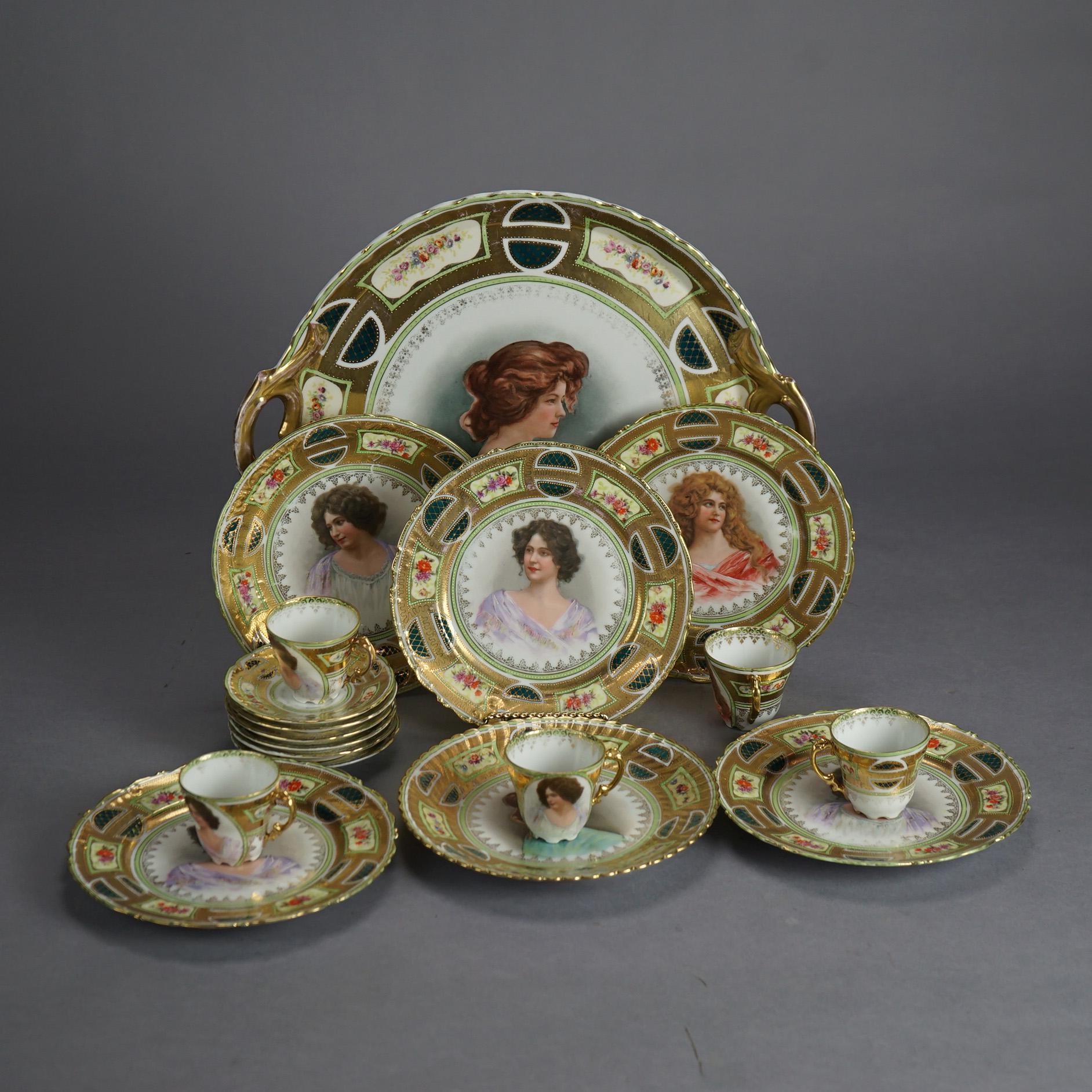 17 Pieces of Antique Victoria Austrian Heavily Gilt Porcelain Dishes, Portraits of Women, C1890

Measure - 5 cups 2.5