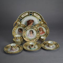 17 Pc Antique Victoria Austrian Gilt Porcelain Dishes, Portraits of Women, C1890