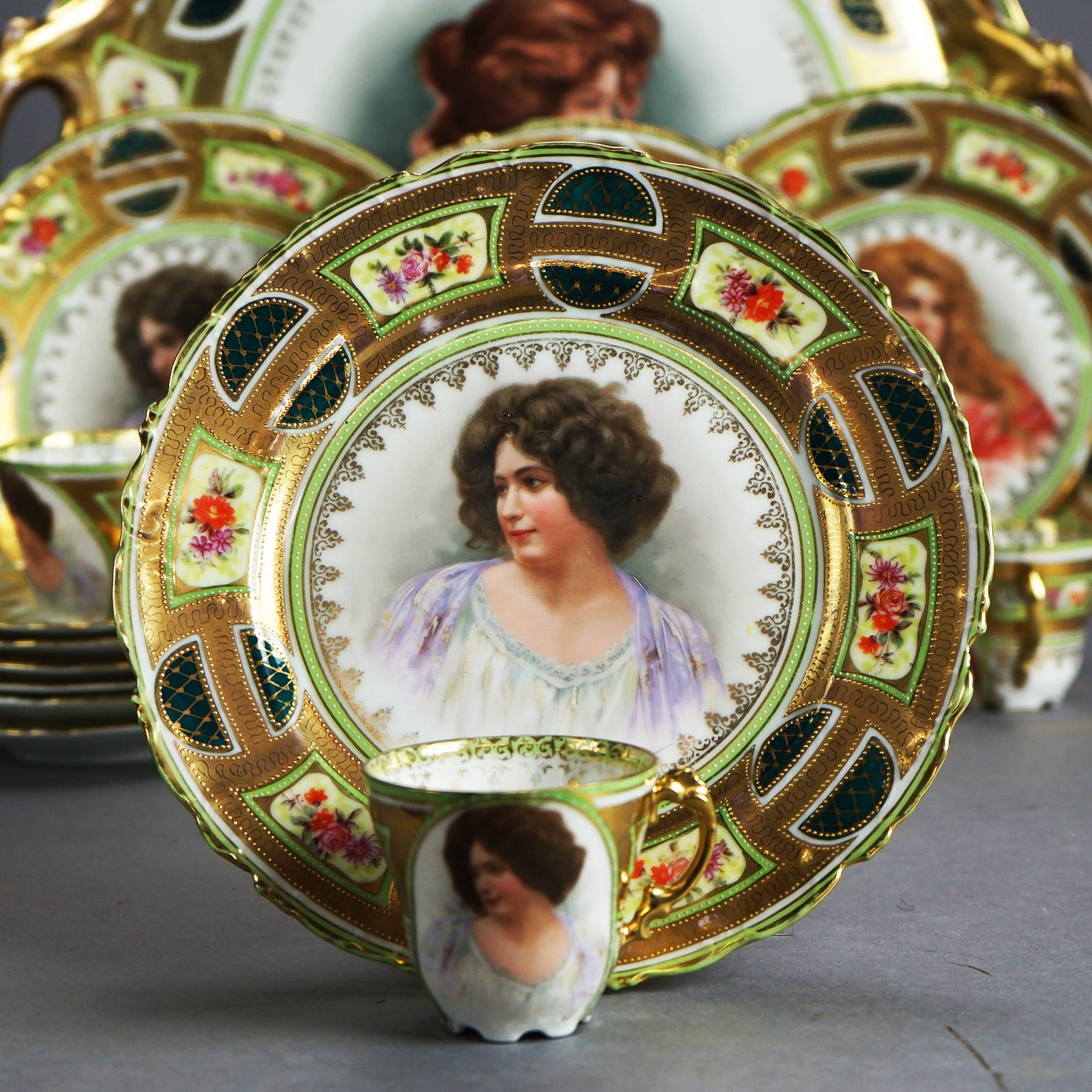 17 Pc Antique Victoria Austrian Gilt Porcelain Dishes, Portraits of Women, C1890 In Good Condition In Big Flats, NY