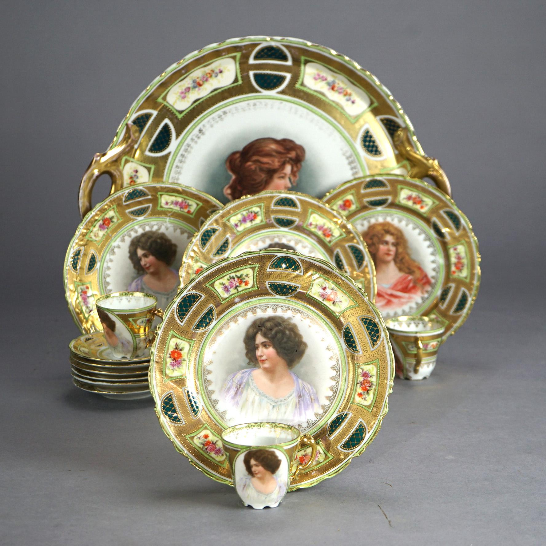 20th Century 17 Pc Antique Victoria Austrian Gilt Porcelain Dishes, Portraits of Women, C1890