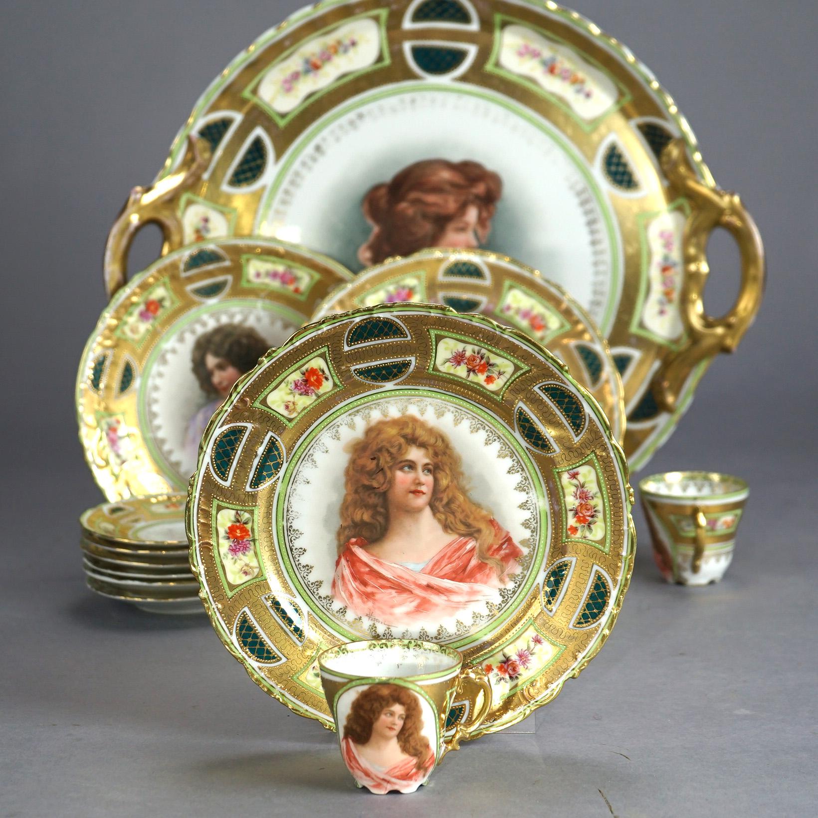 17 Pc Antique Victoria Austrian Gilt Porcelain Dishes, Portraits of Women, C1890 1