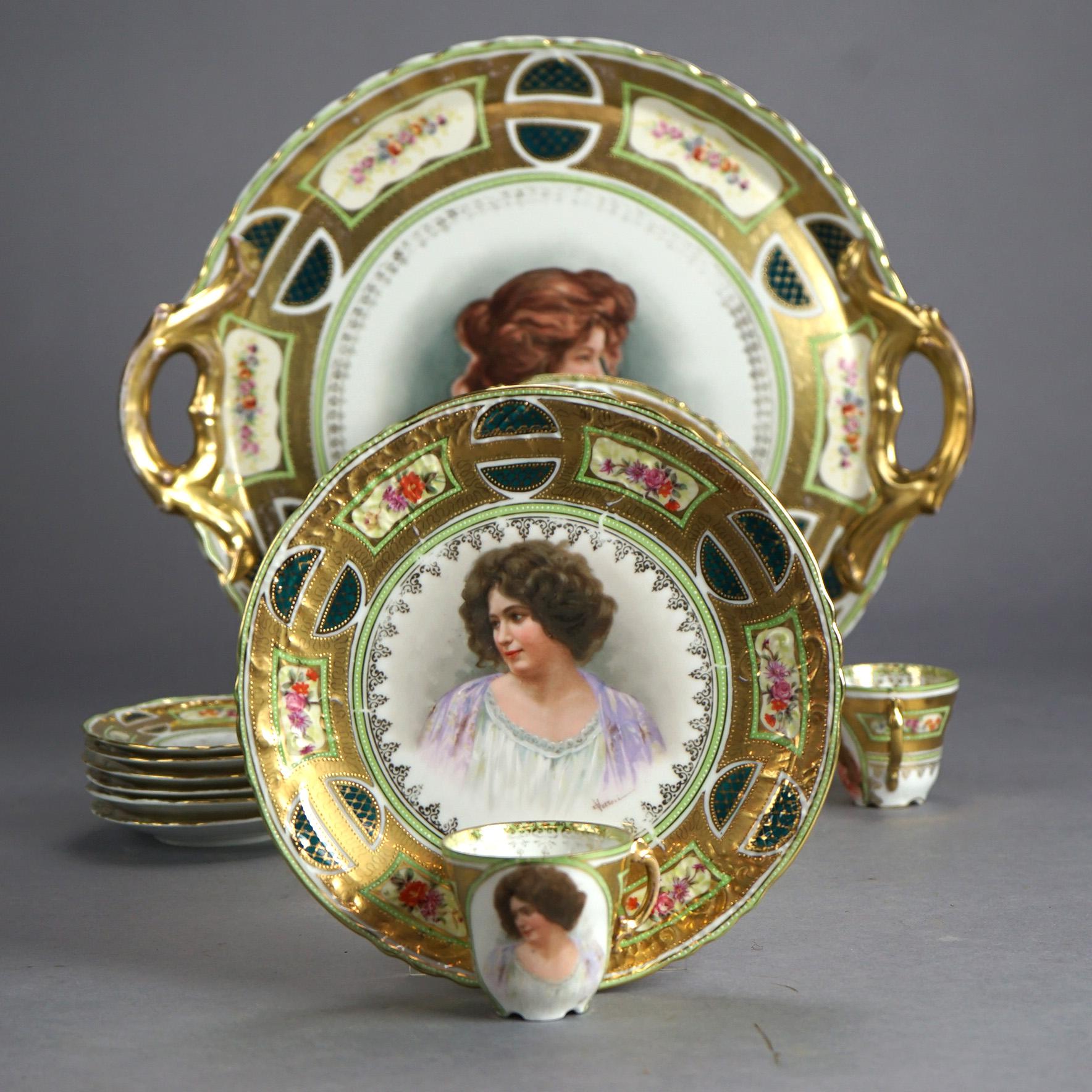 17 Pc Antique Victoria Austrian Gilt Porcelain Dishes, Portraits of Women, C1890 3