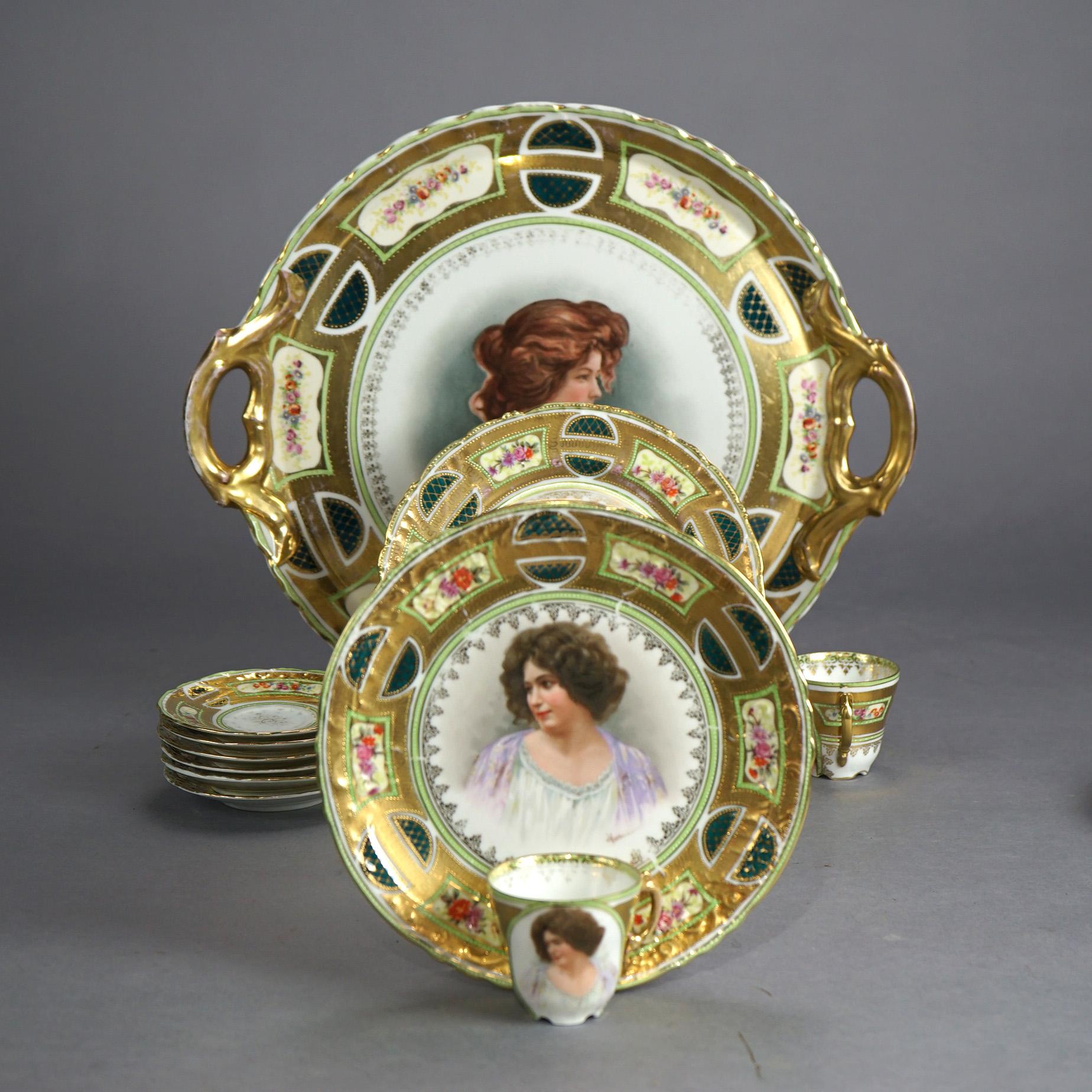 17 Pc Antique Victoria Austrian Gilt Porcelain Dishes, Portraits of Women, C1890 4