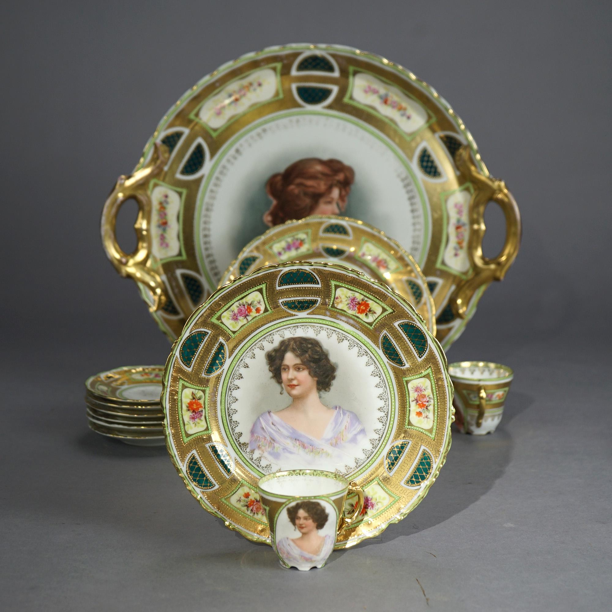 17 Pc Antique Victoria Austrian Gilt Porcelain Dishes, Portraits of Women, C1890 5