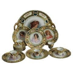 17 Pc Antique Victoria Austrian Gilt Porcelain Dishes, Portraits of Women, C1890