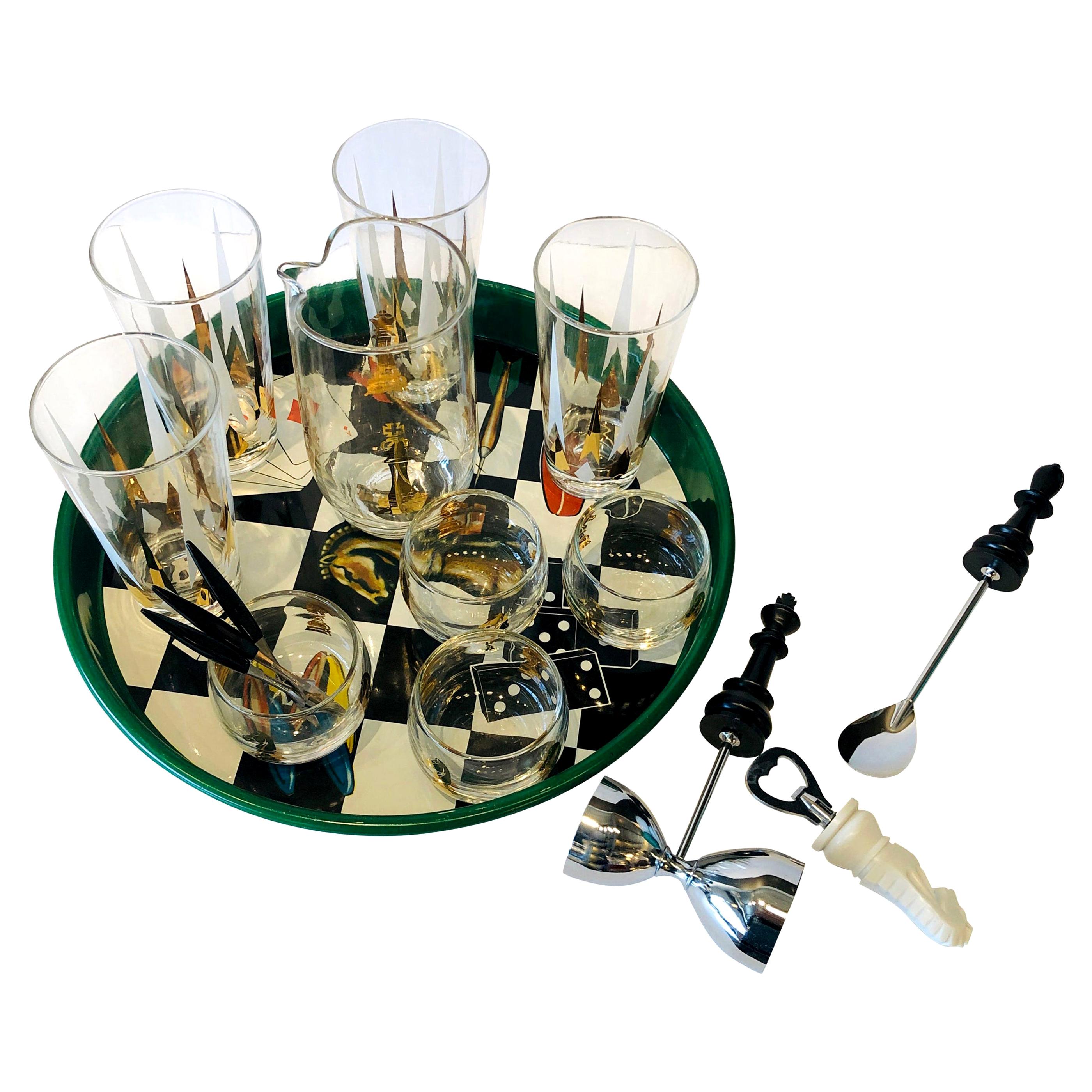17-Piece Set Chess Themed Green, Black, Gold & Red Tray with Glass & Barware Set For Sale