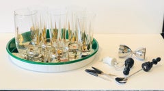 17-Piece Set Chess Themed Green, Black, Gold & Red Tray with Glass & Barware Set