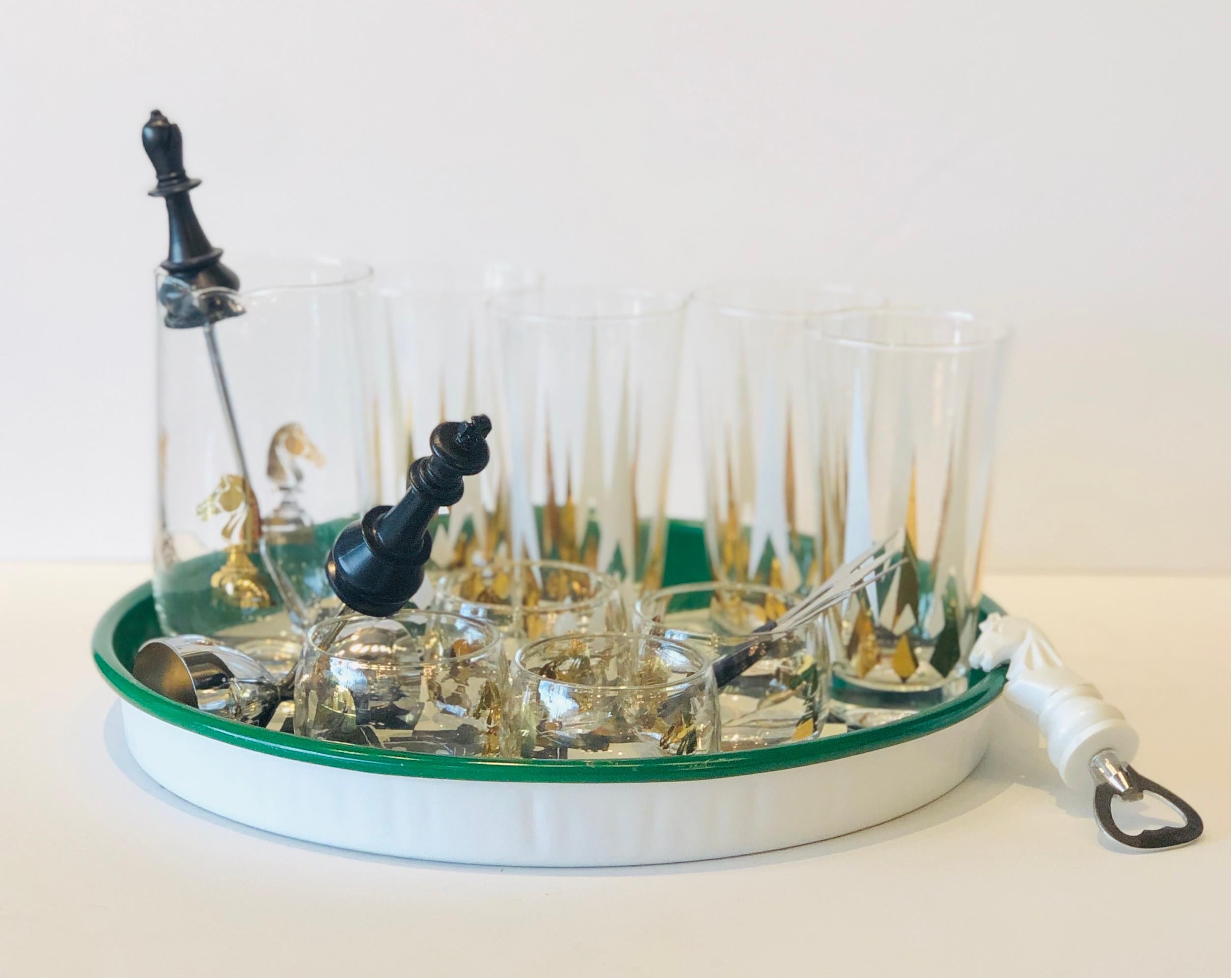 Gilt 17-Piece Set Chess Themed Green, Black, Gold & Red Tray with Glass & Barware Set For Sale