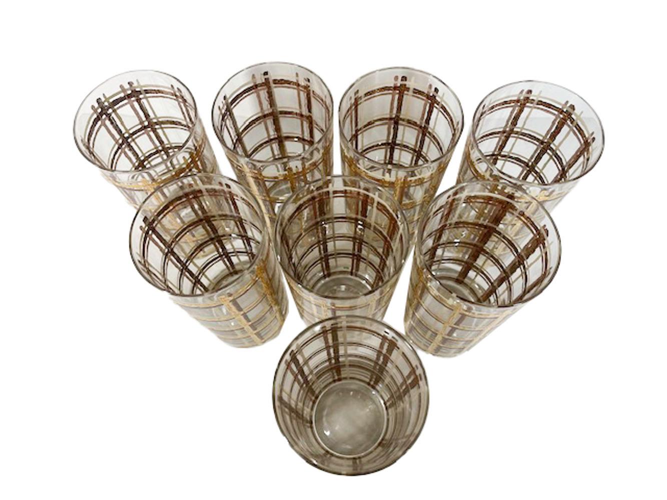 17 Piece Vintage Barware Set with 22k Gold, Cream and Brown Enamel Plaid Design 3