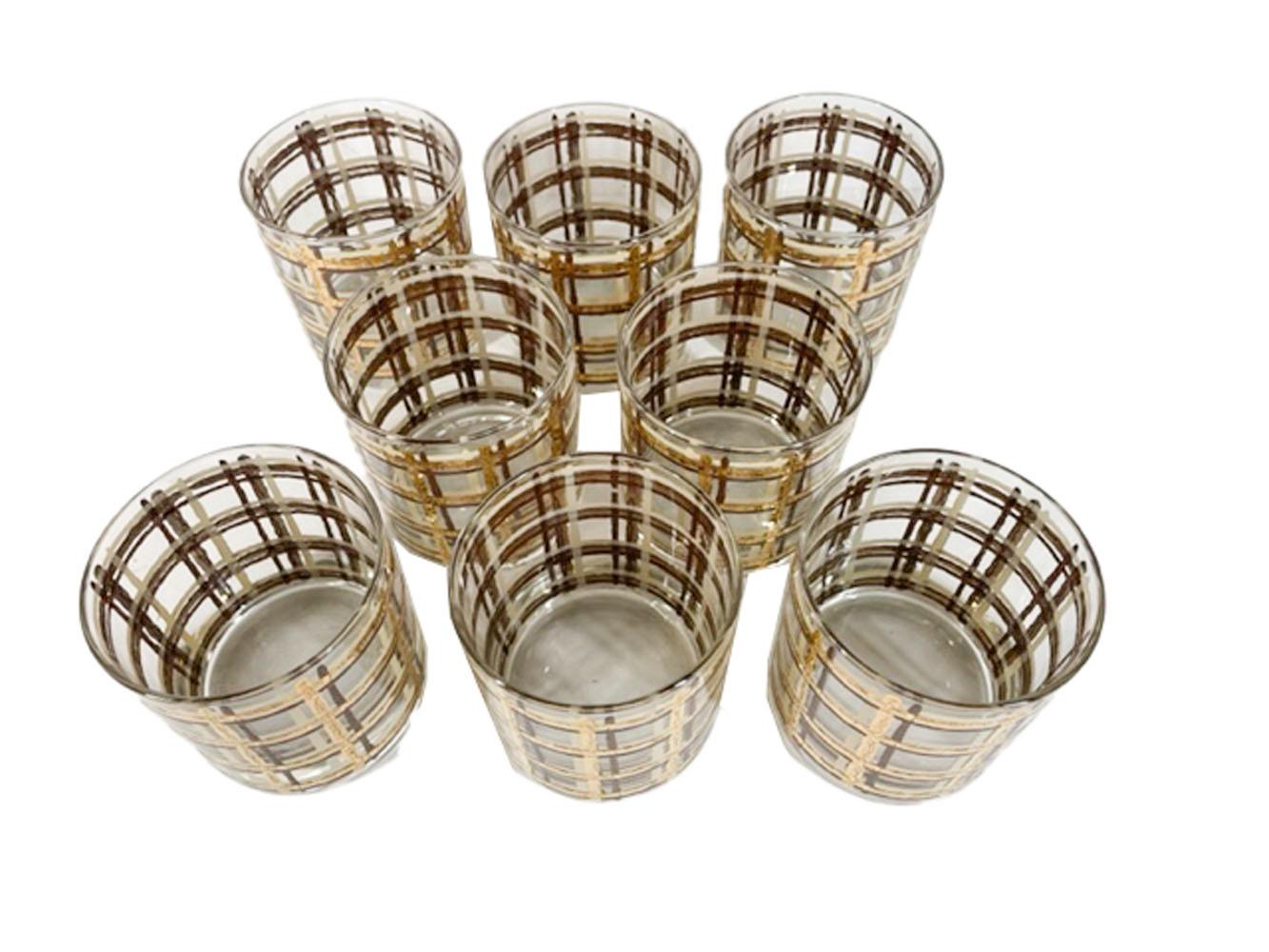 Mid-Century Modern 17 Piece Vintage Barware Set with 22k Gold, Cream and Brown Enamel Plaid Design