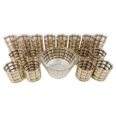 17 Piece Vintage Barware Set with 22k Gold, Cream and Brown Enamel Plaid Design