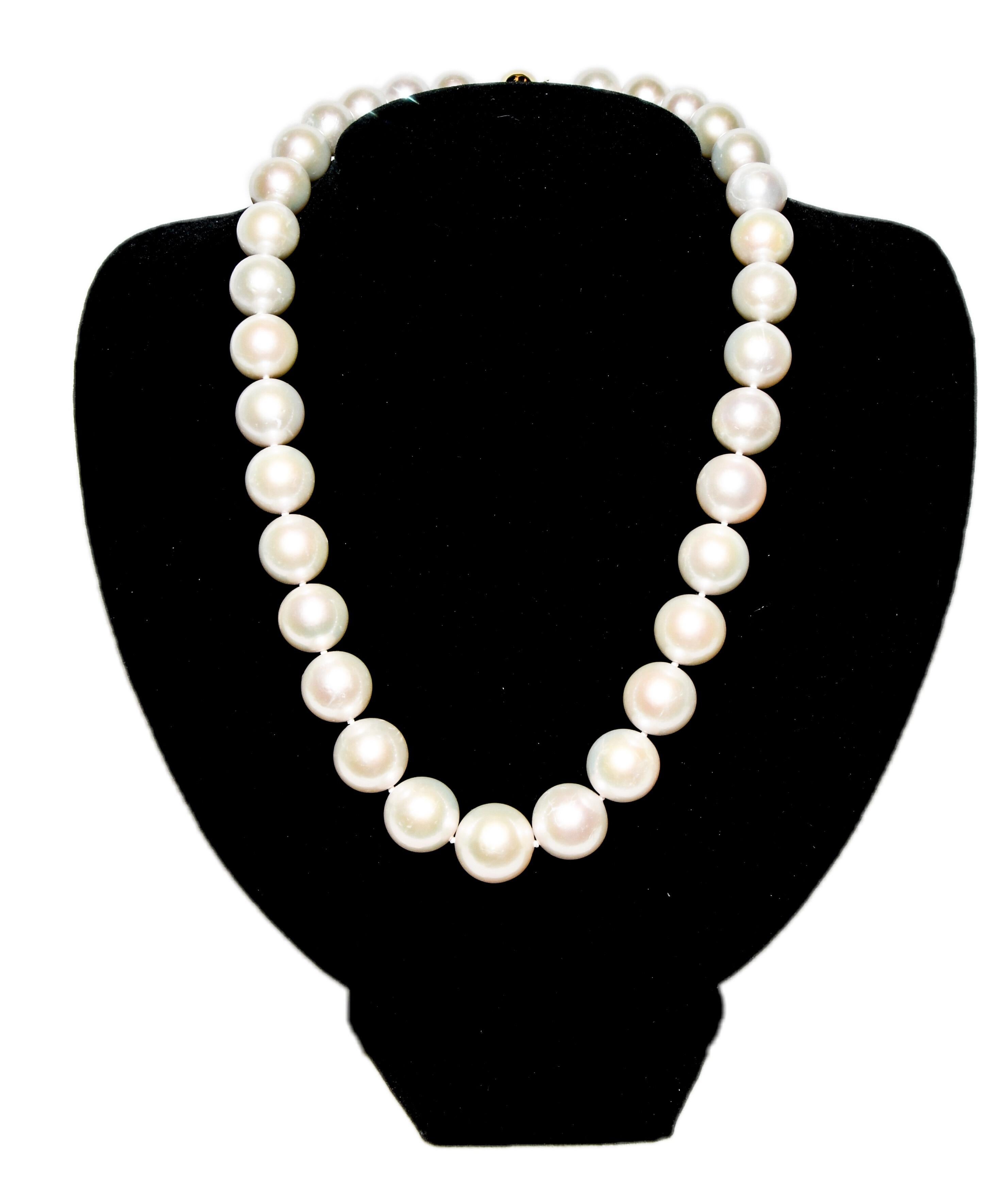 Pearls!  Pearls of any color or length are a wardrobe staple.  Organic and natural, this luscious strand contains high grade jumbo size, 15.3mm-12.5mm, South Sea saltwater origin.  White with soft pink undertones and overtones.  Beautiful lustre! 