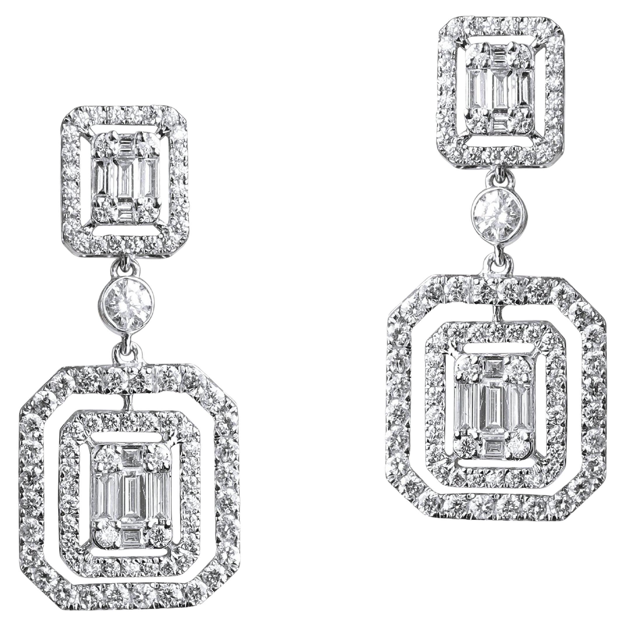 1.7 TCW Baguette-Cut Diamond Dangle Earrings in 18K White Gold with Pavé Accents