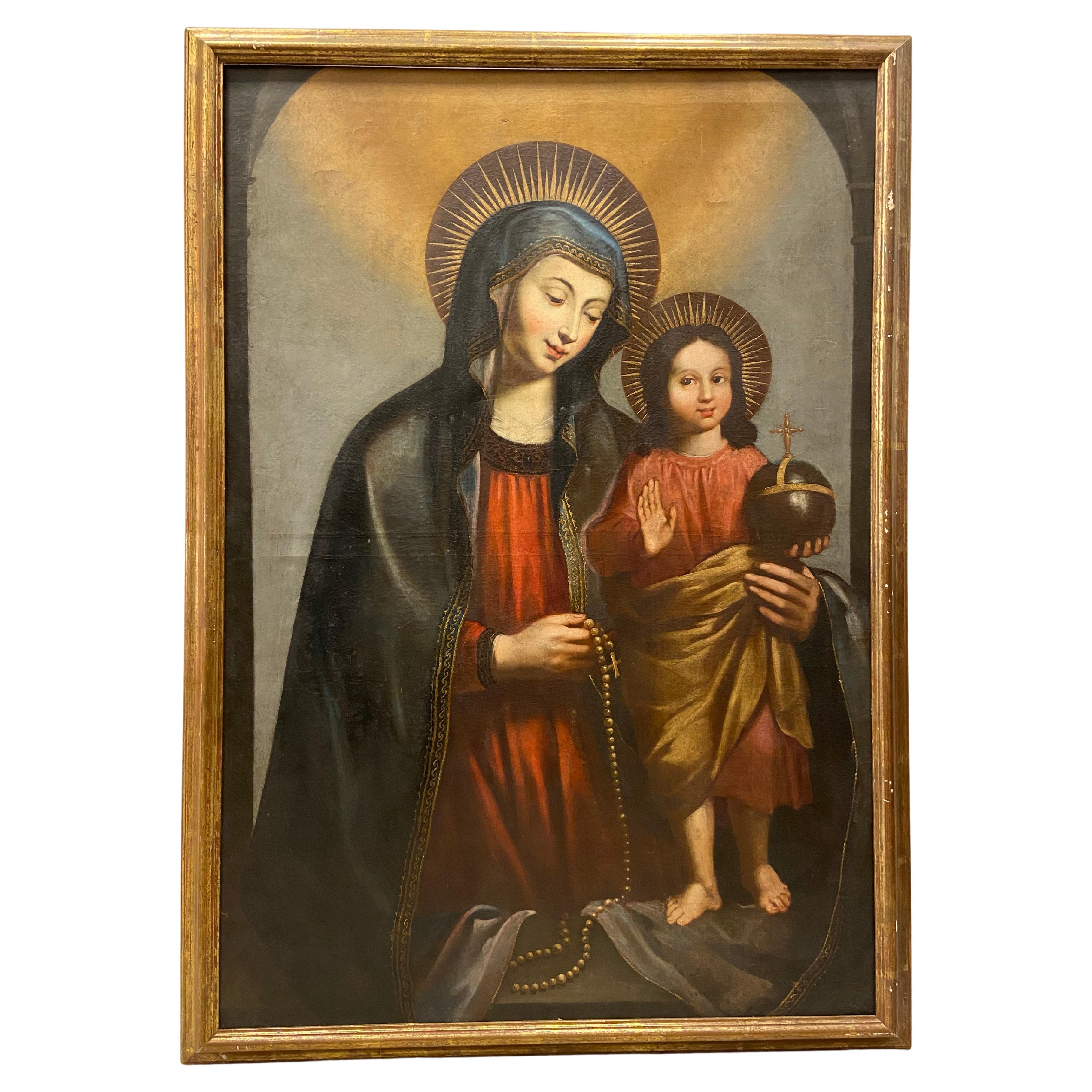 17 th century  Colonial O/Canvas"Virgen del Popolo" portrait, Virgin with child