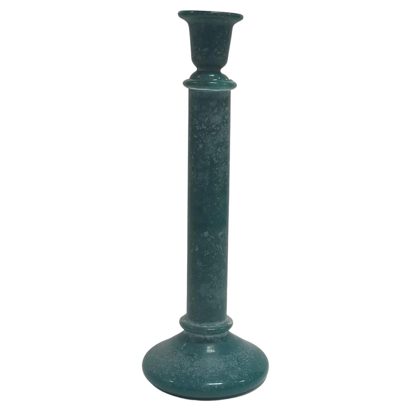 17" Vintage Candlestick Holder Turquoise Glass Frosted For Sale