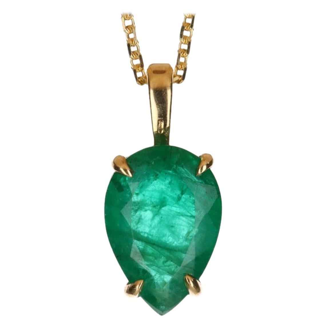 1.70-Carat 18K Colombian Emerald Solitaire Pear Cut Gold Upside Down Pendant