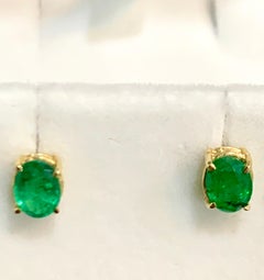 1.70 Carat Oval Natural Emerald Stud Post Earrings 14 Karat Yellow Gold