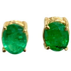 1.70 Carat Oval Natural Emerald Stud Post Earrings 14 Karat Yellow Gold