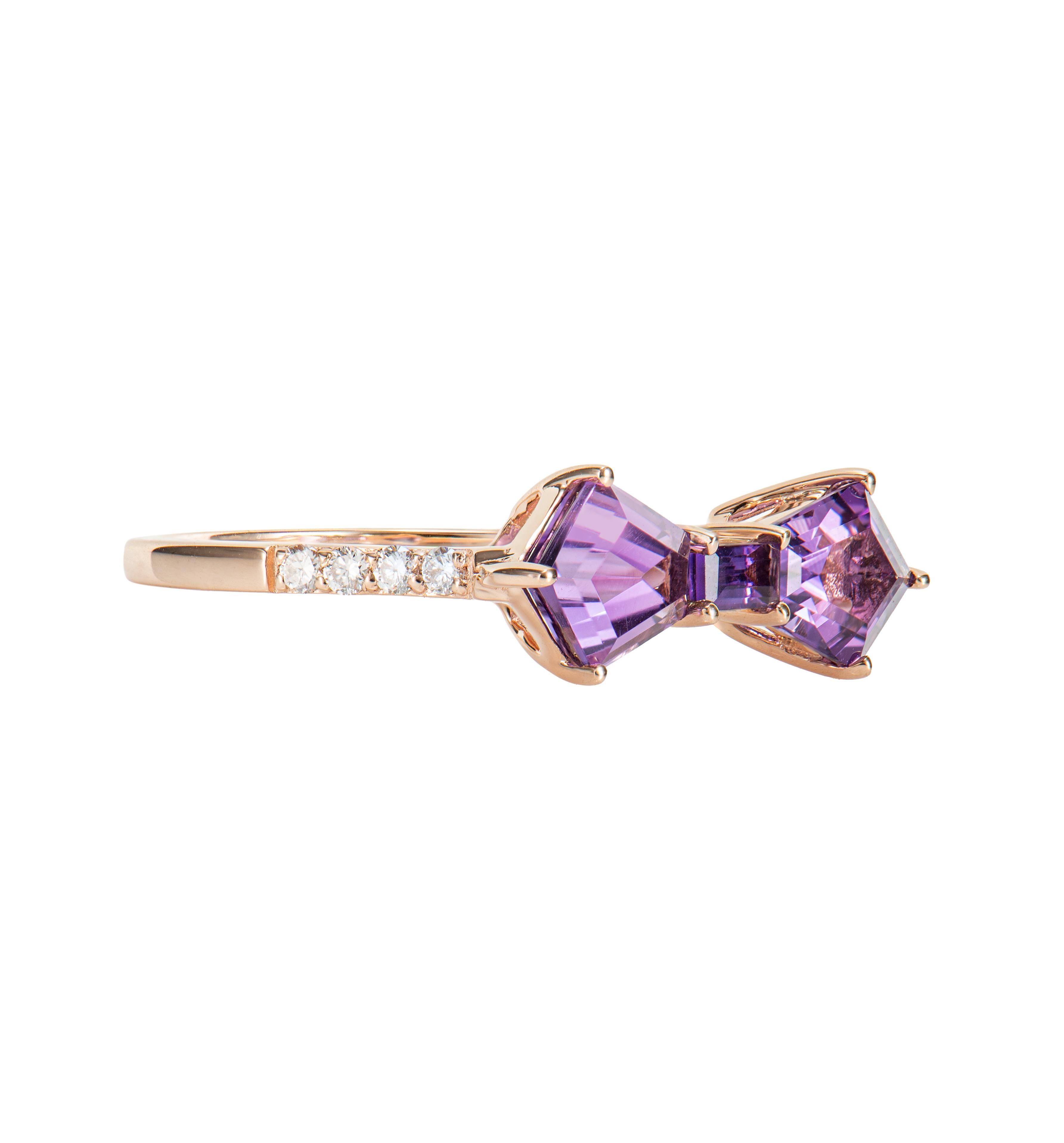 It is Fancy Amethyst Ring in NIB shape with purple hue. This rose gold Ring have a timeless, elegant appearance and can be worn on different occasions.

Amethyst Ring in 14Karat Rose Gold with White Diamond.

Amethyst: 1.70 carat, 8X6mm size,