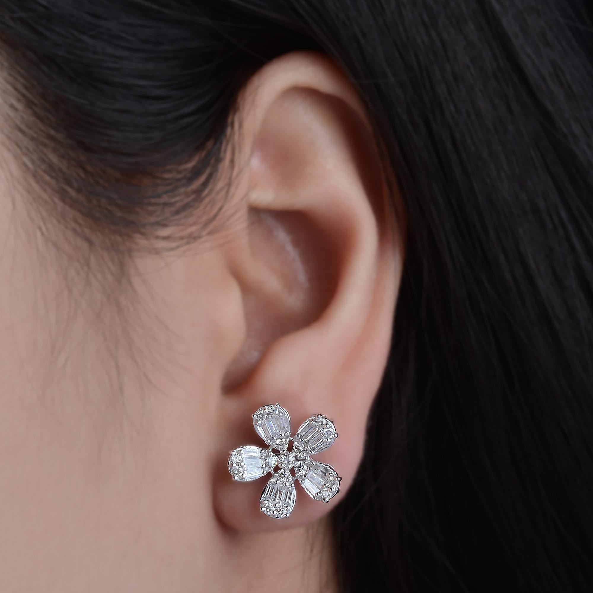 Baguette Cut 1.70 Carat Baguette Diamond Fine Flower Stud Earrings Solid 10 Karat White Gold For Sale