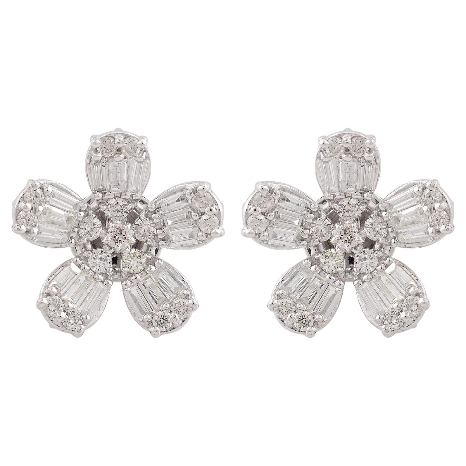 1.70 Carat Baguette Diamond Fine Flower Stud Earrings Solid 10 Karat White Gold For Sale