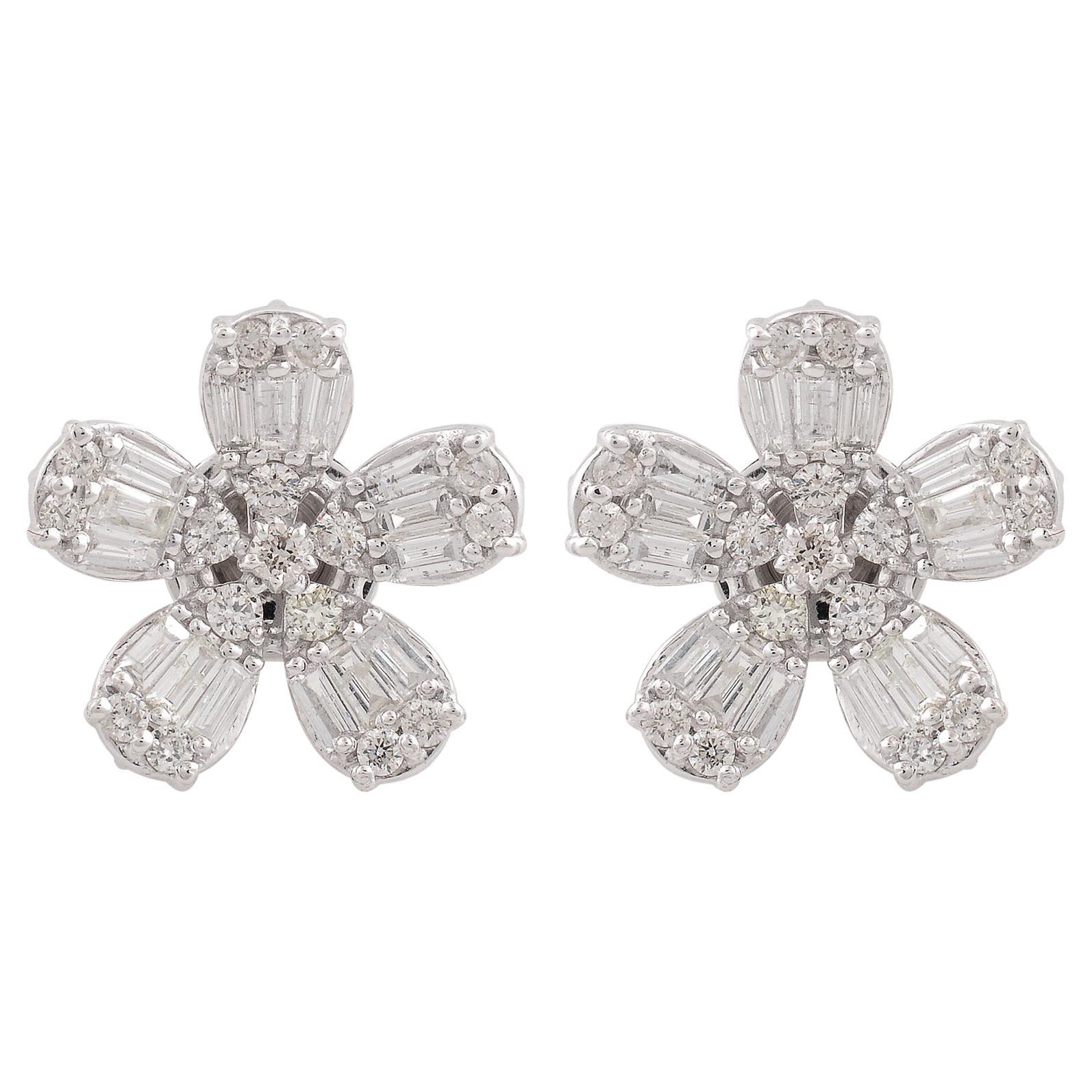 1.70 Carat Baguette Diamond Fine Flower Stud Earrings Solid 10 Karat White Gold For Sale