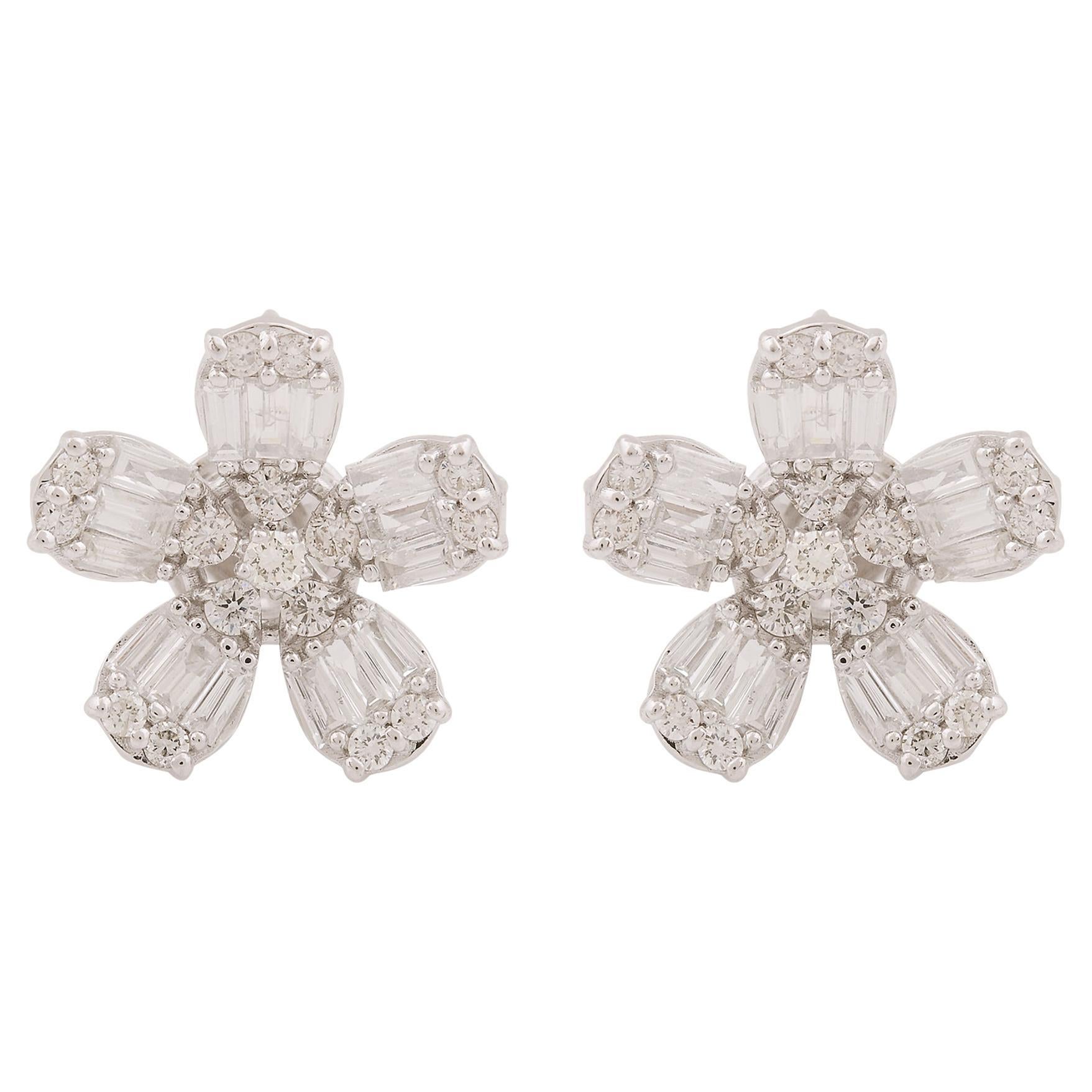Pendientes flor de diamantes baguette de 1,70 quilates, oro blanco macizo de 10 quilates