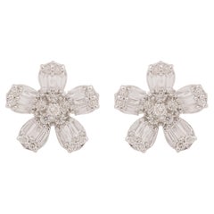Pendientes flor de diamantes baguette de 1,70 quilates, oro blanco macizo de 10 quilates
