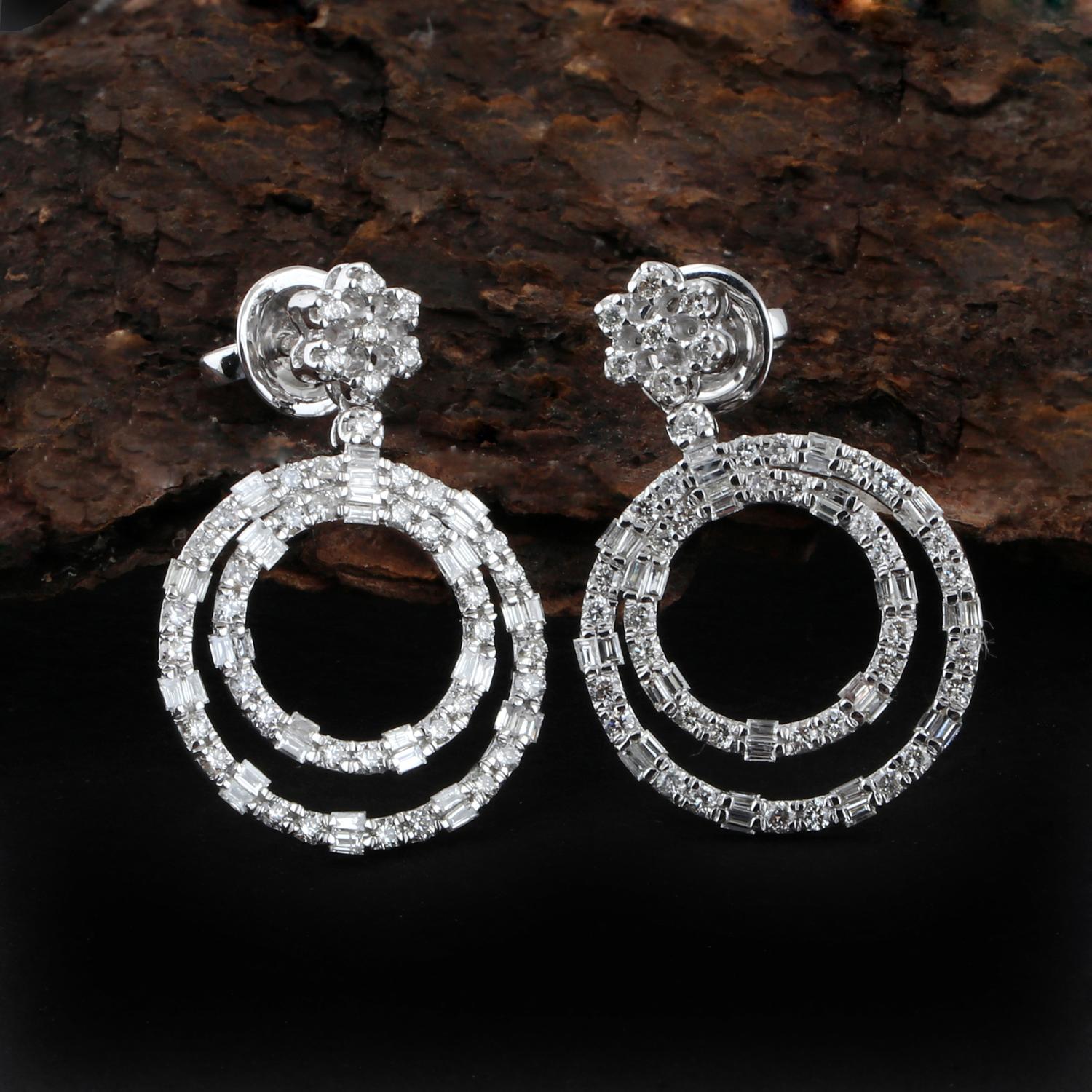 Modern 1.70 Carat Baguette Round Diamond Dangle Earrings 18 Karat White Gold Jewelry For Sale
