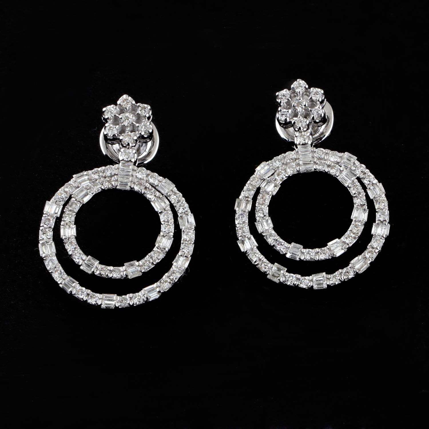 Baguette Cut 1.70 Carat Baguette Round Diamond Dangle Earrings 18 Karat White Gold Jewelry For Sale