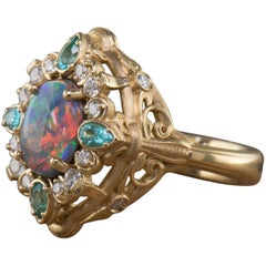 1.70 Carat Black Opal, Paraiba Tourmaline and Diamond Ring 18K Yellow Gold