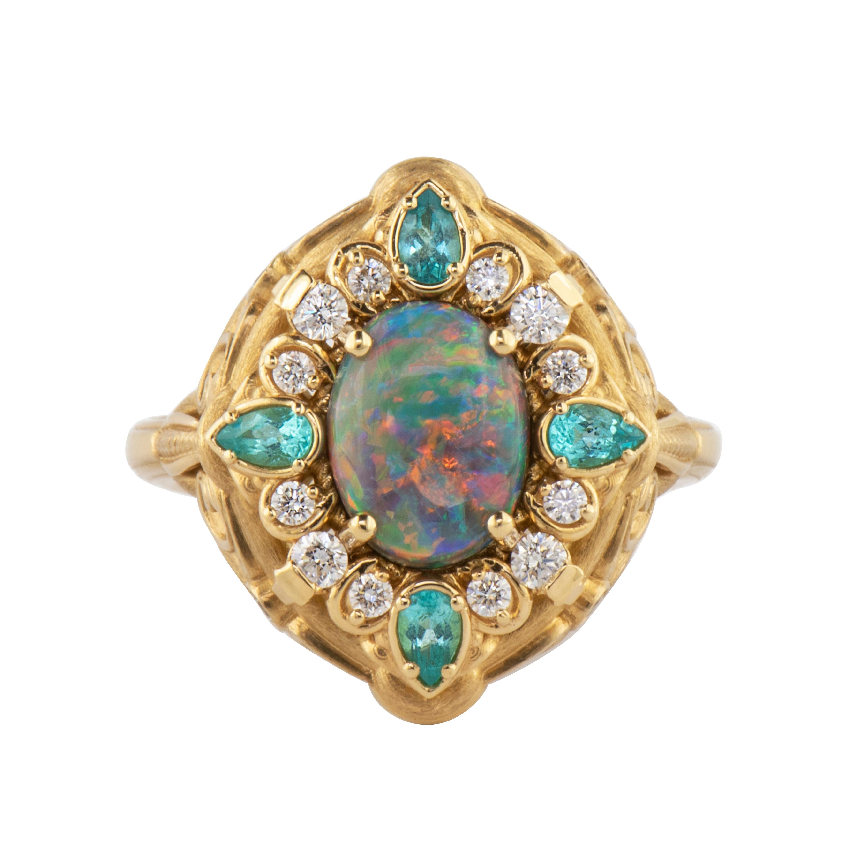 1.70 Carat Black Opal, Paraiba Tourmaline and Diamond Ring 18K Yellow Gold