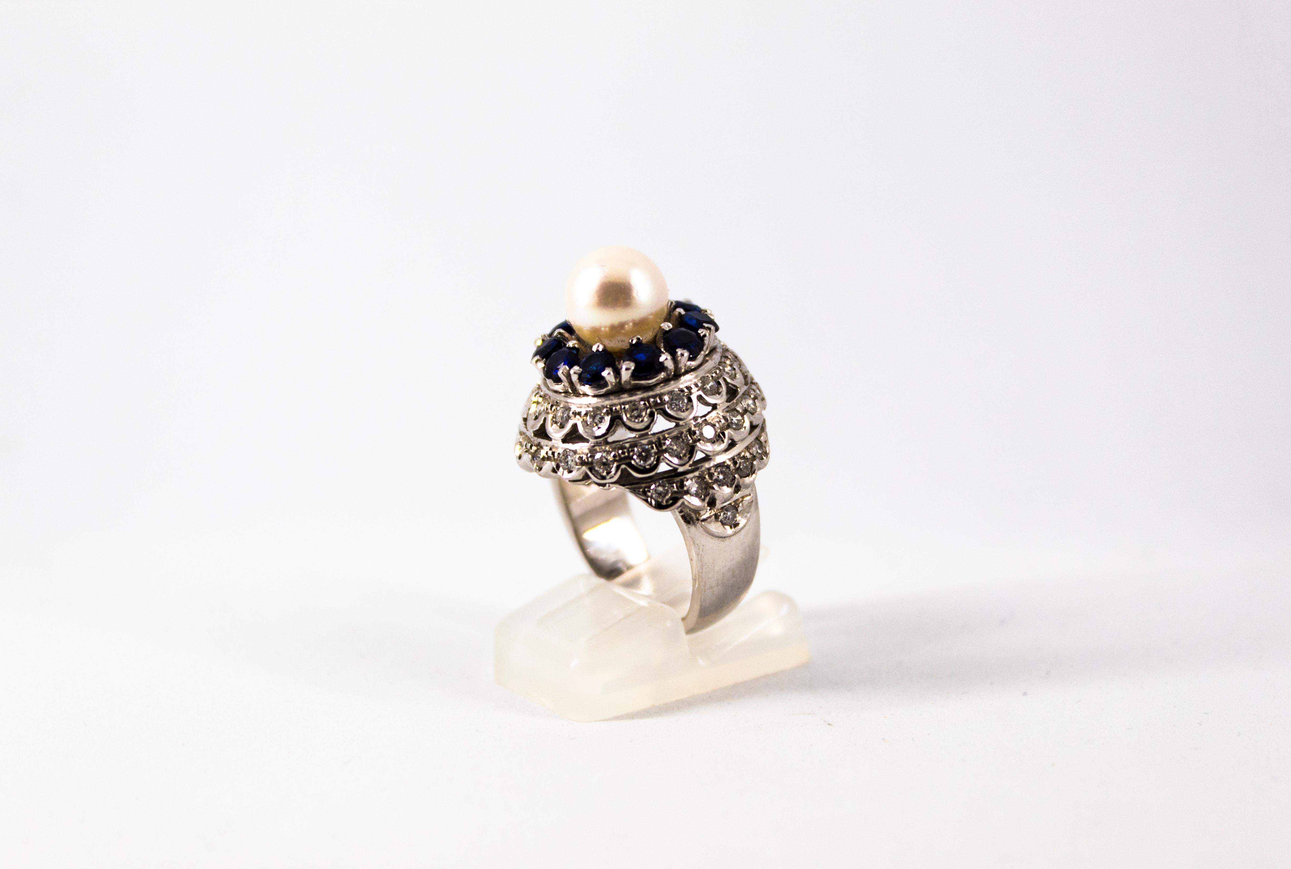 1,70 Karat Blauer Saphir 1,30 Karat Weißer Diamant Perle Weißgold Cocktail Ring (Renaissance) im Angebot