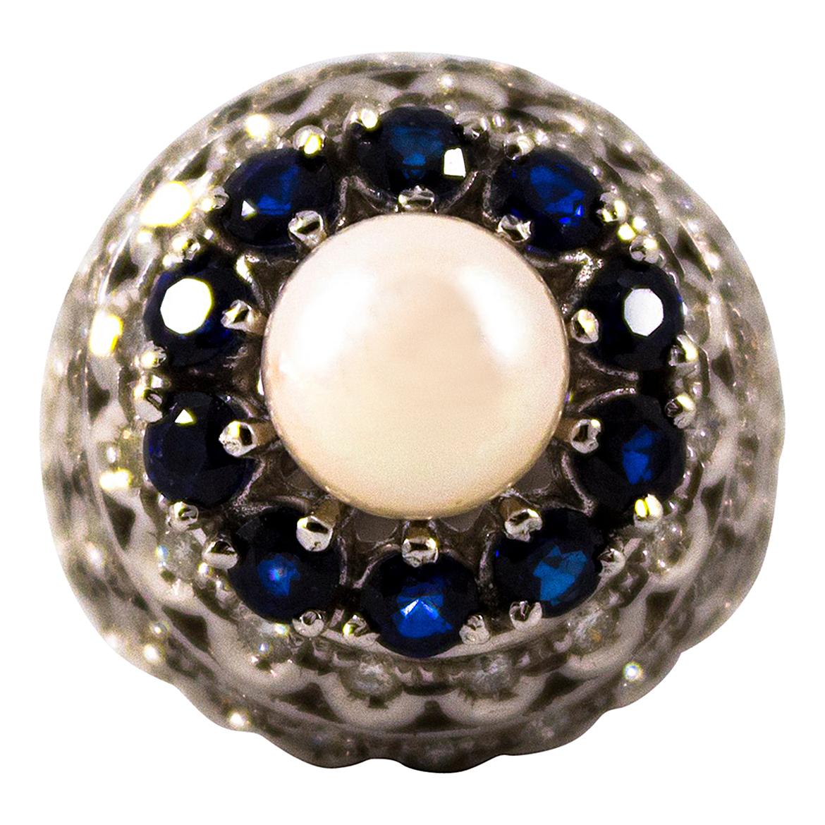 1,70 Karat Blauer Saphir 1,30 Karat Weißer Diamant Perle Weißgold Cocktail Ring